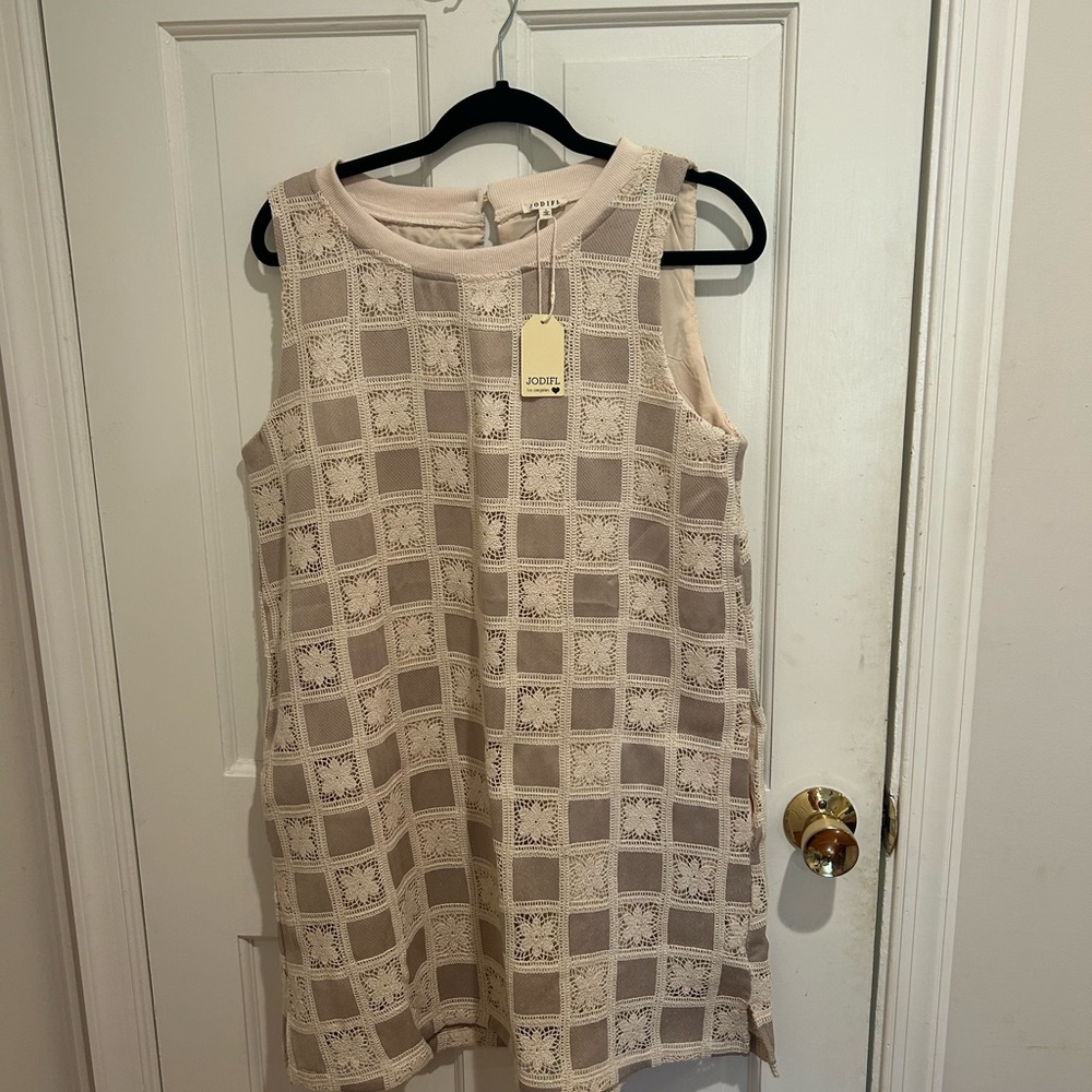 JODIFL Soft Beige Lace Crochet Accent dress